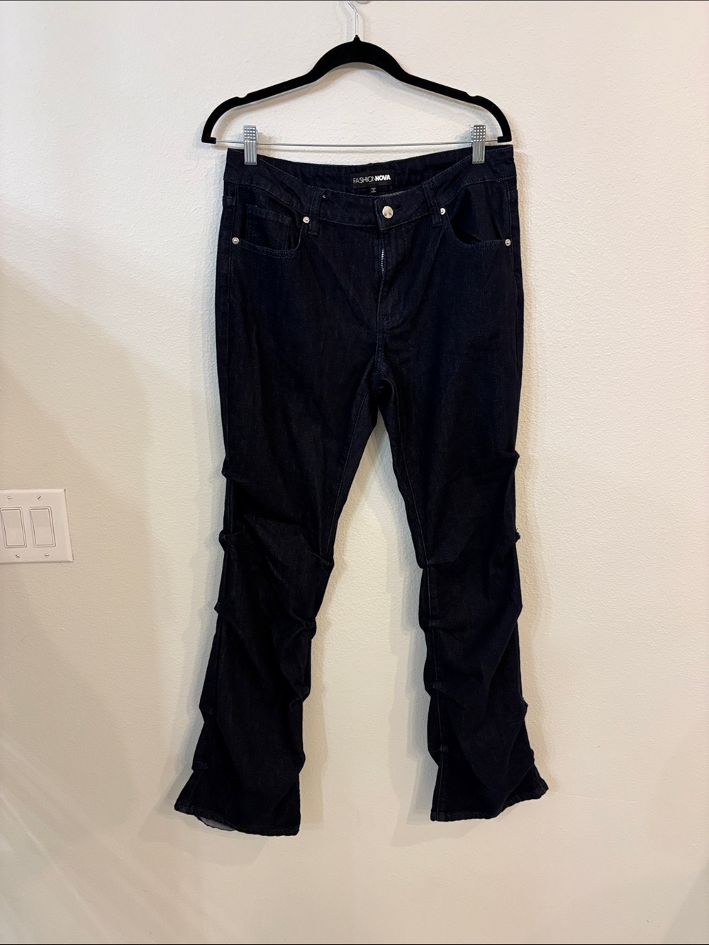 Fashion Nova Black Flare Jeans with Scrunched Stacked Ruffle Tiers
